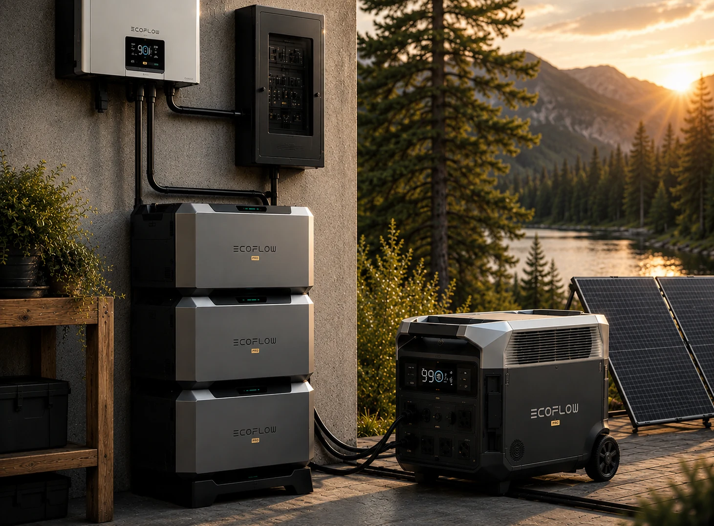 Sistema de energía de respaldo EcoFlow para hogar con baterías modulares, estación de energía portátil y paneles solares, disponible en Pilas y Baterías Universales.